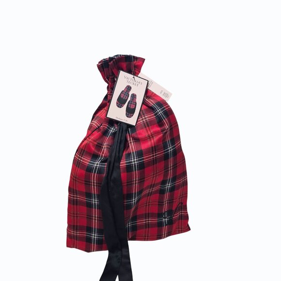 Victoria's Secret Signature Satin Fur Trim Slippers Red Plaid w Dust Bag M 7/8 - Picture 10 of 11